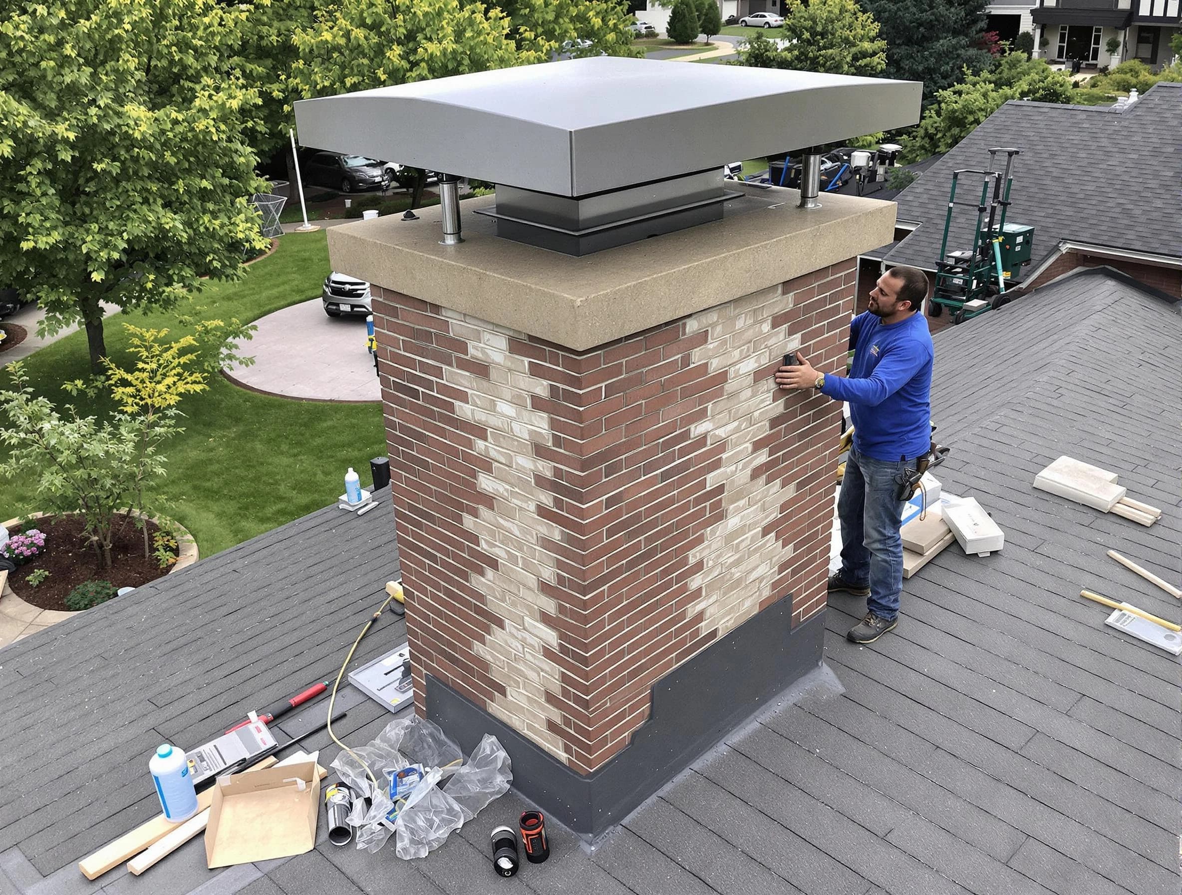 Mount Olive Chimney Sweep team working on a custom chimney remodel in Mount Olive, AL