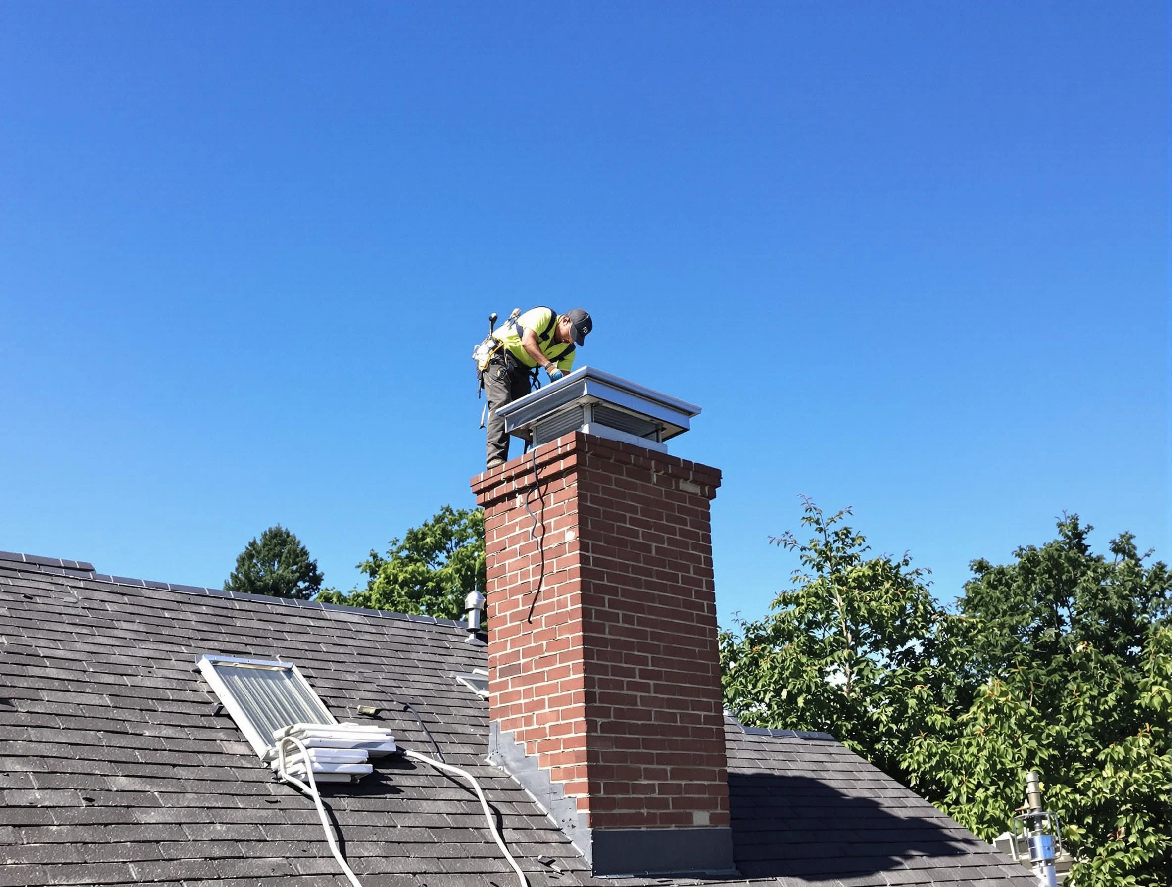 Mount Olive Chimney Sweep technician measuring a chimney cap in Mount Olive, AL